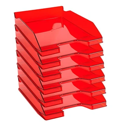 Afbeelding van Exacompta ref. 113224D Set van 6 Brievenbakken COMBO MIDI Afmetingen: 34,6 x 25,5x 6,5 cm voor A4 documenten + kleur doorzichtig karmijnrood Glanzende