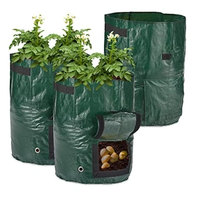 Afbeelding van Relaxdays Kweekzak aardappelen set van 3 plantzak 38 L handgrepen donkergroen