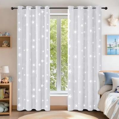 Afbeelding van Deconovo Gordijnen Wit Verduisterende, Bedrukte met Oogjes, voor Woonkamer, Keuken, Kant en Klaar, 140x245 cm (B x H), Grijswit, set van 2