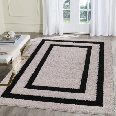 Afbeelding van Luxus Shaggy Hoogpolig Vloerkleed Modern Geometrisch Design Creme/Zwart Rechthoekig Zacht en Luxe Tapijt Rechthoek Polypropyleen 80x150