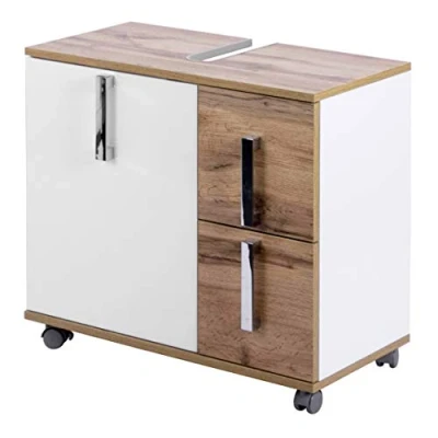 Afbeelding van Schildmeyer Wastafelonderkast Kampen Hoogte 60 cm, met metalen handgrepen, deur soft closetechniek, 2 laden