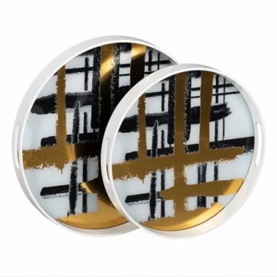 Afbeelding van Snackdienblad Wit Zwart Gouden PVC Kristal Abstract 42 x 4,2 cm (2 Stuks)