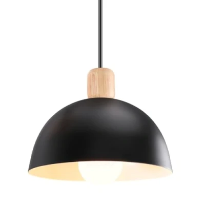 Afbeelding van iDEGU Kroonluchter en hanglamp, retro moderne halve cirkelstijl, plafondlamp, E27 houten metalen hanglamp voor slaapkamer, eetkamer keuken, diameter 20 cm, zwart, 1 stuks