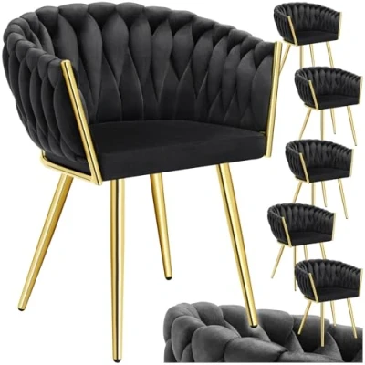 Afbeelding van tectake® Set van 6 Fluwelen eetkamerstoelen Kuipstoel met armleuning in knooplook eetkamerstoel Moderne voor woonkamer en eetkamer Keukenstoel Kaptafelstoel Slaapkamerstoel Diverse kleuren Zwart/Goud