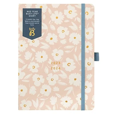 Afbeelding van Busy B Halverwege het jaar drukke levensdagboek augustus 2023 2024 roze bloemen. Academisch dagboek A5 weekplanner met penhouder, elastische sluiting en opbergvakken