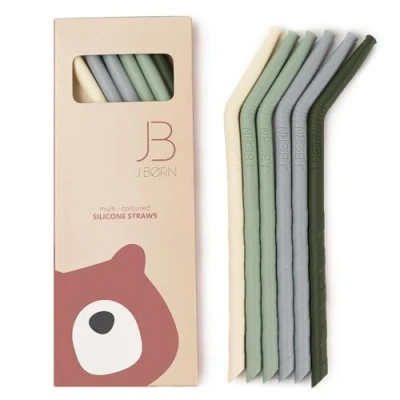 Afbeelding van J.Børn Siliconen Herbruikbare Rietjes (6 stuks 22 cm lang) en Reinigingsborstel, Groen Mix, Drinkrietjes, Buigrietjes, BPA vrije