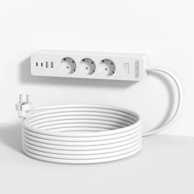 Afbeelding van NTONPOWER 3 voudige stekkerdoos, m, met USB, meervoudig stopcontact, overspanningsbeveiliging, wandmontage lijm, lange verlengkabel, kinderbeveiliging, wit, herbruikbaar