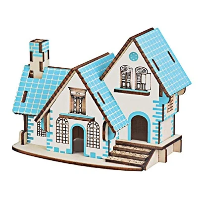 Afbeelding van 3D Houten Puzzel Educatieve Villahuis Roze Blauw Droomhut Gebouw Model Ambachtelijke Speelgoedset