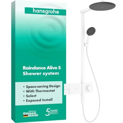 Afbeelding van hansgrohe Raindance Alive S Douchesysteem met thermostaat, regendouche (300 mm) douchekraan, handdouche (3 jets incl. PowderRain), doucheslang, glijstang en douchekop, mat wit, 24582700