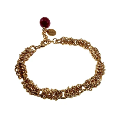 Afbeelding van Armband Dames Verguld RVS Byzantijnse Schakelarmband met Gefacetteerde Donkerrode Agaat Verstelbaar 16cm tot 20cm