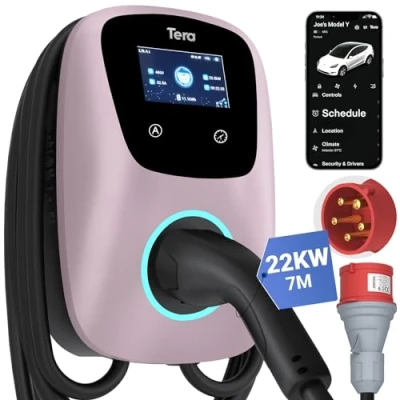 Afbeelding van Tera EV Oplader Smart app 32A type 2 22kW of 11KW Huishoudelijk laadstation 400V CE TÜV 7m oplaadkabel met laadhouder besturing 3 fasen CEE stekker poeder mat