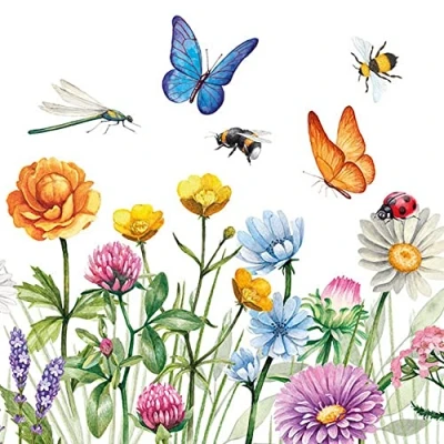 Afbeelding van Serviette Blumen 20 servetten verkwikkende bloemenweide vol dieren vlinders libel bij bloemen weide lente zomer tafeldecoratie 33 x cm