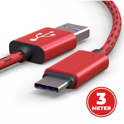 Afbeelding van ProFPS Gaming Snellader 3 Meter USB C Kabel Rood/Zwart Nylon Gevlochten Oplader naar A Oplaadkabel eSports Accessoires