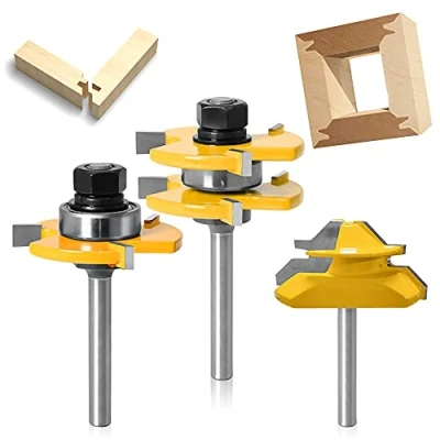 Afbeelding van 3 delige bovenfreesset, 6,35 mm routerbits, frees Lock Mitre Router Bit 45, voor bovenfrees, houtbewerkingsgereedschap