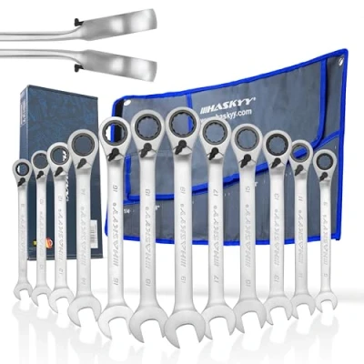Afbeelding van HASKYY 12 delig, 8 19 mm, ratelsleutelset, 15 werkhoek, steeksleutel, steeksleutel