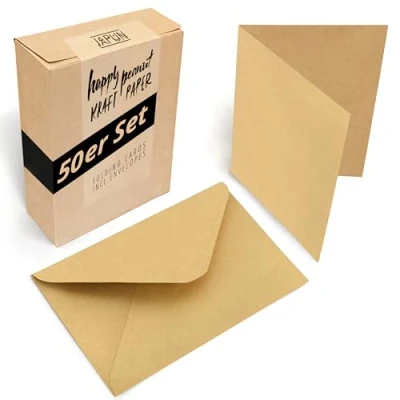 Afbeelding van Japun Set van 50 blanco vouwkaarten inclusief enveloppen, papieren kaarten om te ontwerpen, labelen of bedrukken DIN A6 / C6 bruin