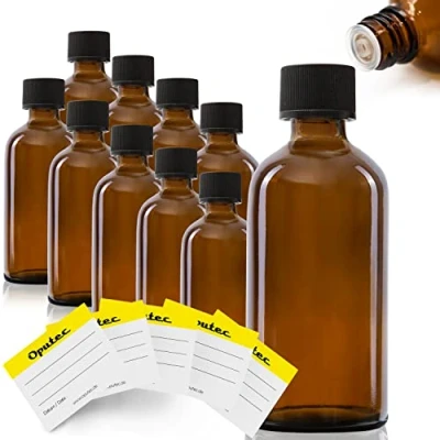 Afbeelding van Oputec 10 x 100 ml druppelflessen van glas + etiketten, bruine apothekersflessen met druppelaar, kleine glazen flessen schroefdop