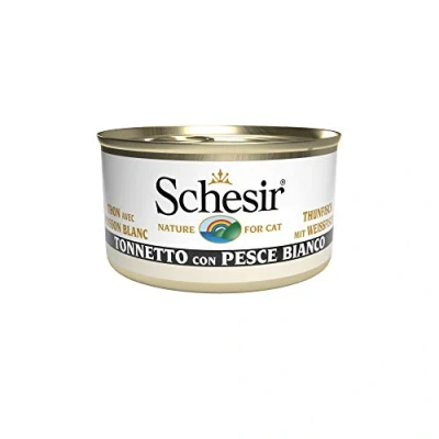 Afbeelding van Schesir, Natvoer voor volwassen katten met smaak, tonijn witte vis, filets van zachte gelei, in totaal 2,04 kg (24 blikjes à 85 g)