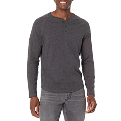 Afbeelding van Amazon Essentials Men&#039;s Henley shirt met lange mouwen en slanke pasvorm, Houtskoolzwart, M
