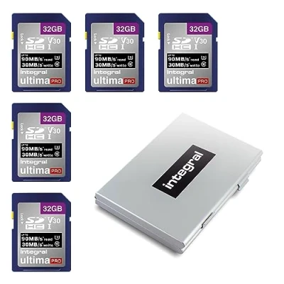 Afbeelding van Integral 32 GB SD kaart in een 6 sleufs beschermende metalen kaarthouder 4K Ultra HD Video Premium High Speed 90MB/s leessnelheid en 30MB/s schrijfsnelheid SDHC V30 UHS I U3 Class 10