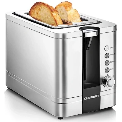 Afbeelding van Chefman Roestvrijstalen broodrooster voor 2 sneetjes met 7 bruiningsinstellingen, extra brede sleuven bagels, functies ontdooien/opwarmen/stop, uitneembare kruimellade, 925 W, 240 V, zilver