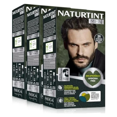 Afbeelding van Naturtint Men Permanente haarverf zonder ammoniak, speciaal voor mannen, 100% grijsdekking, natuurlijke en langdurige kleur, ingrediënten, 3N donkerbruin, verpakking van 3 stuks