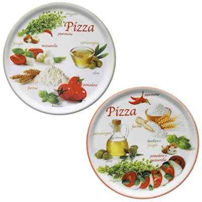 Afbeelding van MamboCat Set van 2 pizzaborden Napoli Green &amp; Red Ø 33,8 cm I witte porseleinen borden met kleurrijke motieven om te serveren voor antipasti en tomaatmozzarella dubbelpak pizzaplaat grote