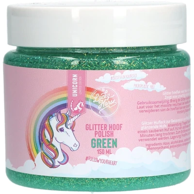 Afbeelding van Lucky Horse Glitter Hoeflak Glitters voor Hoeven Hoefverzorging Hydraterend Eenvoudig Aanbrengen en Verwijderen Vacht Inclusief Kwast Microplastic vrij 150 ml Groen