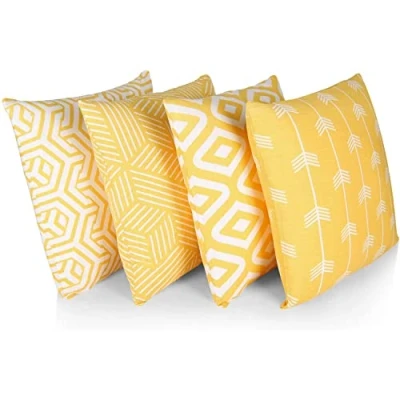 Afbeelding van Penguin Home 3437 100% Katoen Decoratieve Dubbelzijdige Vierkante Kussenhoezen Met Onzichtbare Rits 4 Delige Set, 45 cm Lengte x Breedte, Geel/Wit Mix