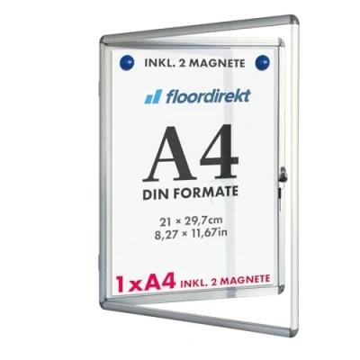 Afbeelding van Floordirekt Showbox, 1xA4, weerbestendig, voor binnen en buiten, incl. 2 magneten, infokast, uithangkast, magnetische beschrijfbare achterwand, posterkast met aluminium frame acrylglas