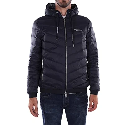 Afbeelding van Armani Exchange Gewatteerde herenjas met capuchon en ritssluiting, Milano/New York logo, Marineblauw/Grijs Marl, XS