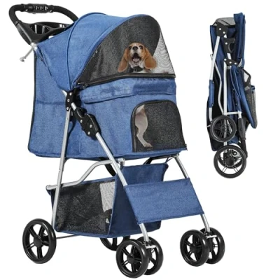 Afbeelding van YITAHOME Huisdierbuggy voor kleine tot middelgrote honden, 4 wielen, hondenbuggy met opbergmand, opvouwbare reiswieg huisdieren, bekerhouder en opbergmand (blauw)