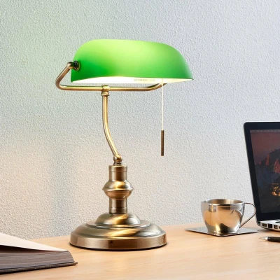 Afbeelding van Lindby bureaulamp 1licht metaal, glas H: 38 cm E27 oud messing, groen