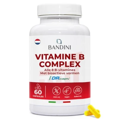 Afbeelding van Bandini® Vitamine B Complex 60 veganistische capsules (2 maanden) vitamines met foliumzuur, biotine, B1, B2, B3, B5, B6, B7 B12, PABA, betaïne, choline, inositol. Voor immuunafweer