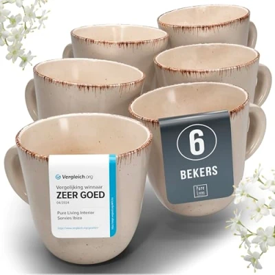 Afbeelding van Service de Table 6 Personnes Ensemble Mugs Rustic en Grès Lavables Lave Vaisselle Design Moderne pour Café et Thé Artisanale Pure Living beige