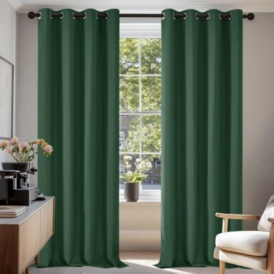 Afbeelding van Deconovo Gordijnen Verduisterend met Oogjes, Ondoorzichtige Kerst voor Slaapkamer, Woonkamer, 140x220 cm (B x H), 2 stuks, Donkerlentegroen