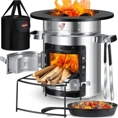 Afbeelding van KESSER® Rocket stove incl. grillpan van gietijzer met draagtas, Dutch Oven, BBQ, houtkachel, kooktoestel voor camping, campinggrill, roestvrij staal, zilver