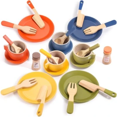 Afbeelding van GAGAKU Houten Speelgoed Keuken Schotel Set Peuter Borden en Bestek Accessoires 26 STKS Kinderen Rollenspel Gift voor Leeftijd 3+ Jaar