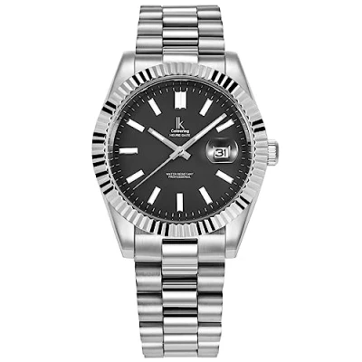 Afbeelding van Alienwork Horloge Heren Dames Zilver Metalen Armband Kalender Zwart Klassiek Elegant