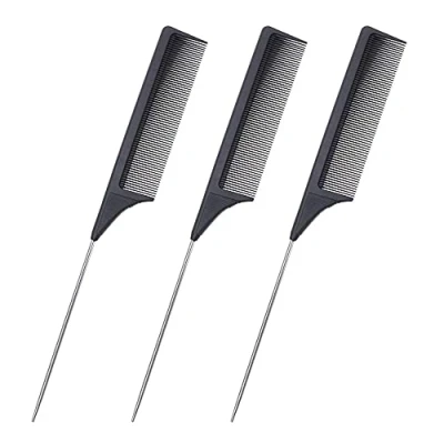 Afbeelding van 3 Packs Rat Staart Kam Staal Pin Tail Carbon Fiber Hittebestendige Plagen Kammen met RVS Pintail (zwart)