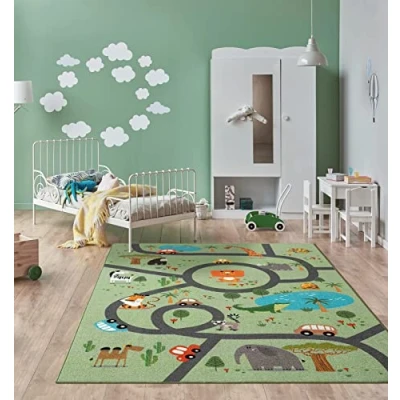 Afbeelding van the carpet Happy Life Kinderkamer, kindertapijt, speeltapijt, wasbaar, wegtapijt, wegen, jungle, dieren, auto, Groen 120 x 160 cm