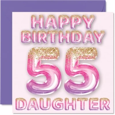 Afbeelding van 55e verjaardagskaart voor dochter roze en paarse glitterballonnen gelukkige verjaardagskaarten 55 jarige van mama papa ouders, 145 mm x cadeau