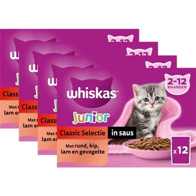 Afbeelding van Whiskas Multipack Pouch Junior Classic Selectie Vlees In Saus 4X12X85 GR