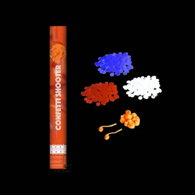 Afbeelding van Confetti kanon 40cm Rood/wit/blauw met oranje swirls