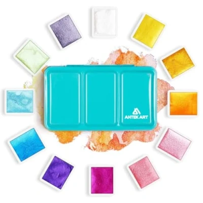 Afbeelding van ANTEK ART Metallic Aquarelverf, Set van 12 Glitterkleuren in Draagbaar Metalen Etui met Palet, Geweldig Cadeau idee voor Kunstenaars, Schilders