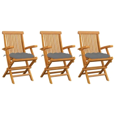 Afbeelding van Tuinstoelen 3 st met grijze kussens massief teakhout