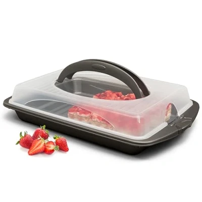 Afbeelding van Hausfelder Vierkante Cake Transportbox, Bakblik met Deksel en Handvat 30 x 44 9 cm, Rechthoekige Taartbox