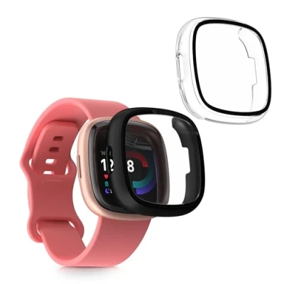 Afbeelding van kwmobile 2x cover geschikt voor Fitbit Versa 4 / Sense 2 Fitnesstracker van gehard glas en kunststof frame set transparant zwart