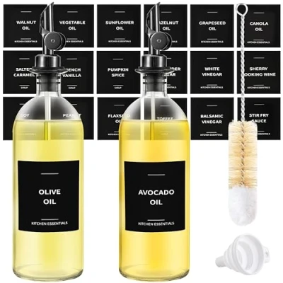 Afbeelding van Spaceneat Olijfolie dispenser fles inclusief 55 etiketten voor keuken bakolie flessen keuken, koffiestroop schenktuit met 55ml glazen pot pak van 2, zwart