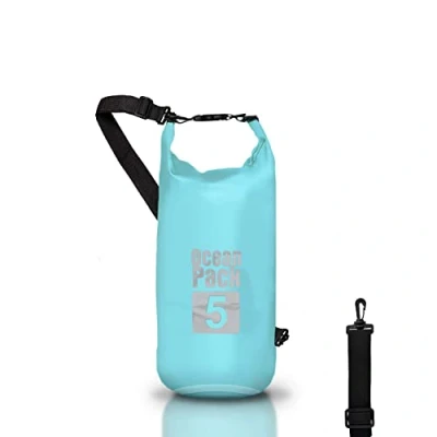 Afbeelding van Dry Bag Waterdichte rugzak, rolsluiting en schouderriem, telefoontas heuptas voor zee, boot, vissen, rafting, strand, watersport, Lichtblauw, 5l, tas